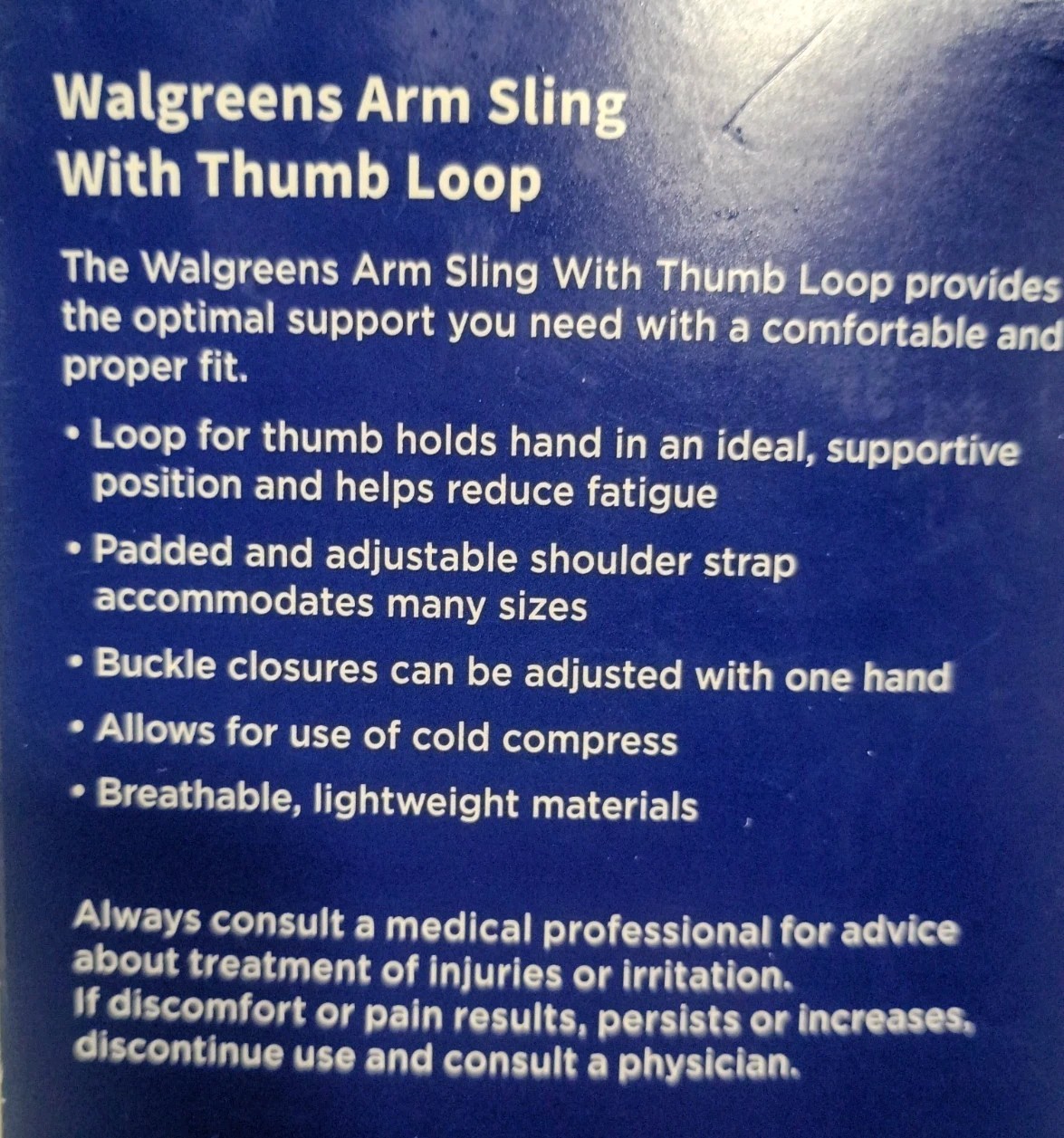 Walgreens ~Arm Sling w/Thumb Loop ~1 Size ~Fits Right or Left ~New / Damaged Box