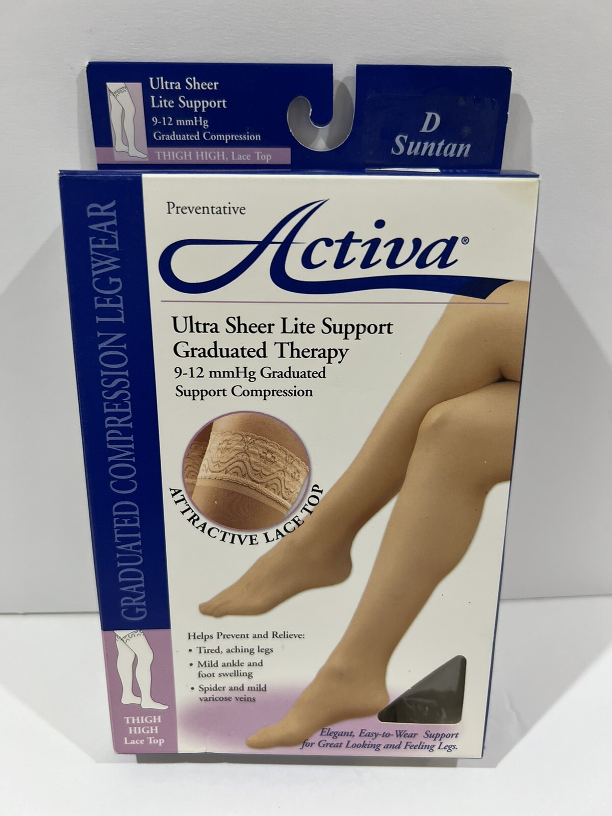 Activa Thigh High Lace Top Ultra Sheer Lite Support 9-12 mm Hg Size D SUNTAN