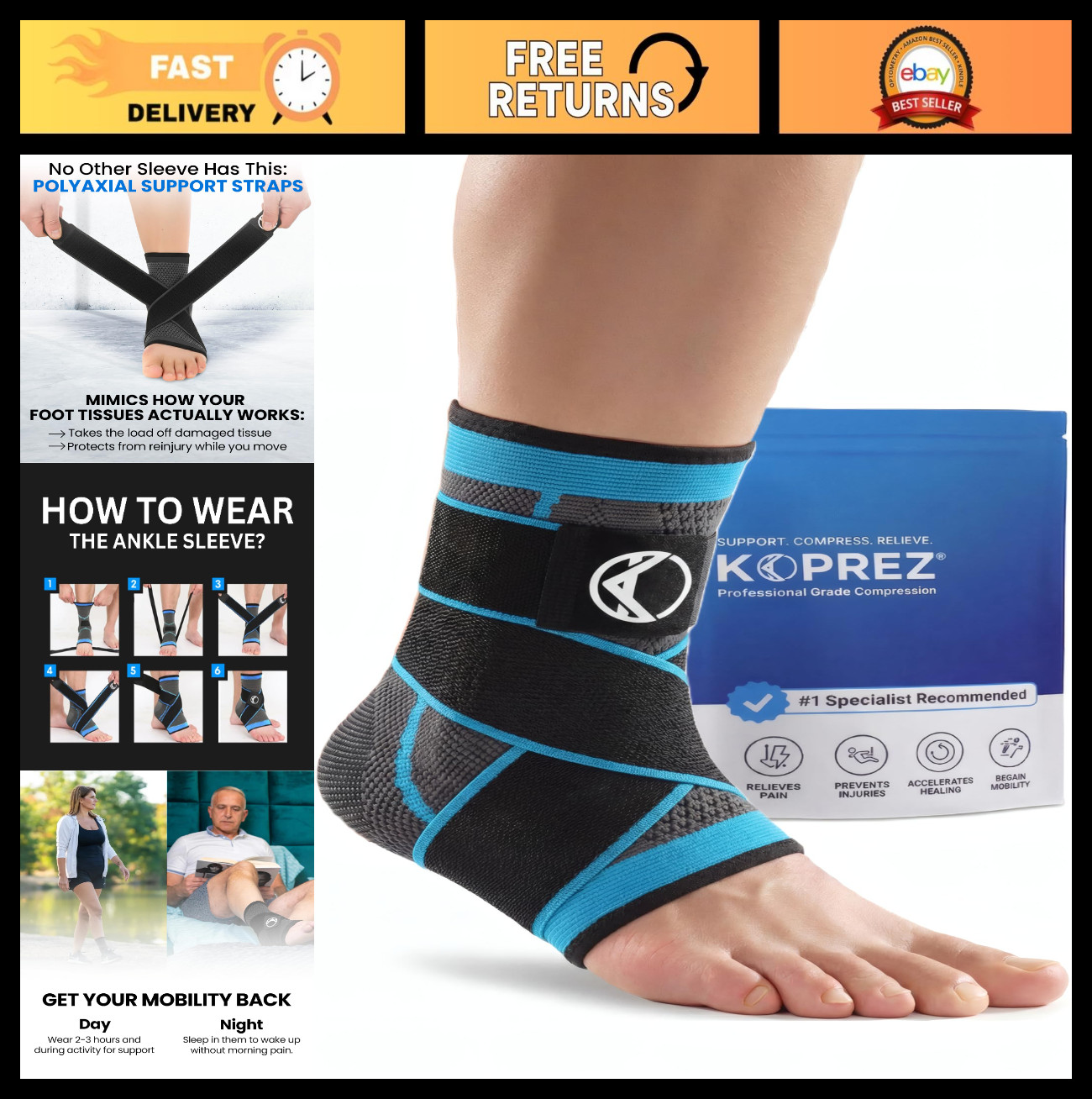 Ankle Compression Sleeve & Brace for Plantar Fasciitis Relief | Adjustable Suppo