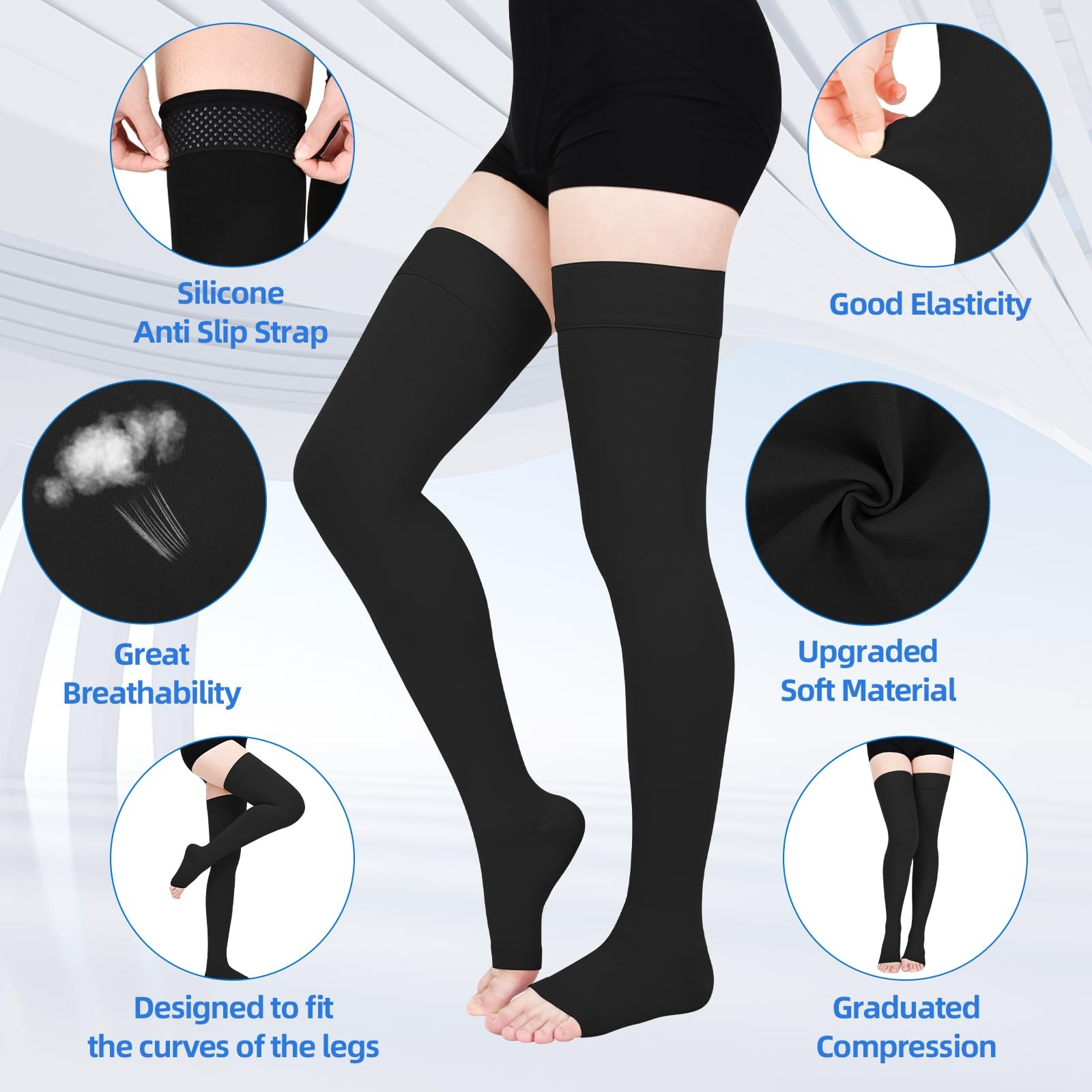 Wegitcs 2Pair 20-30Mmhg Compression Stockings For Women Open-Toe Thigh High