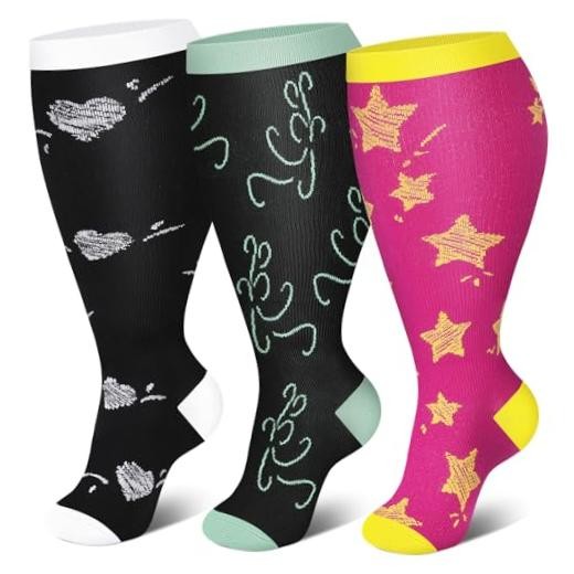 3 Packs Wide Calf Compression Socks for Large Printed-black Black Red Stars
