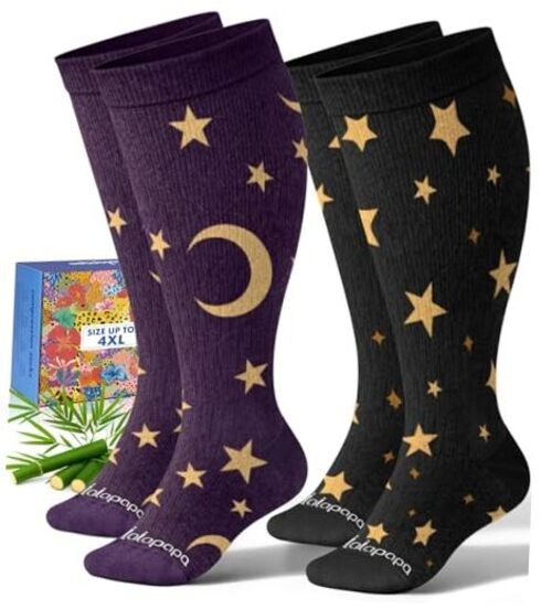 Bamboo Wide Calf Compression Socks for Women Men – 2 Pair 3X-Large Moon & Star