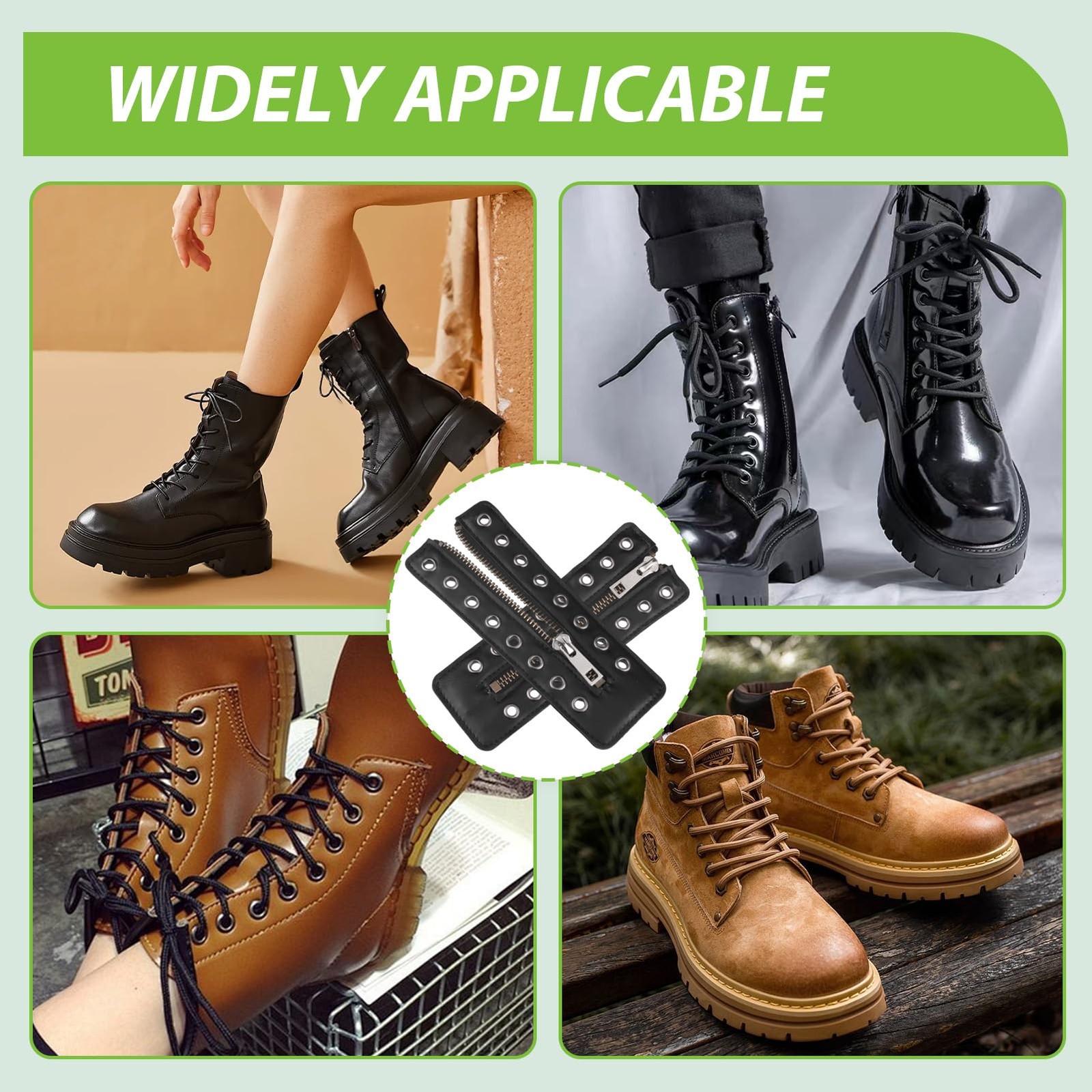 2 Pcs Boot Zipper Inserts, PU Leather Lace-In Zippers | 8 Metal Eyelet Copper