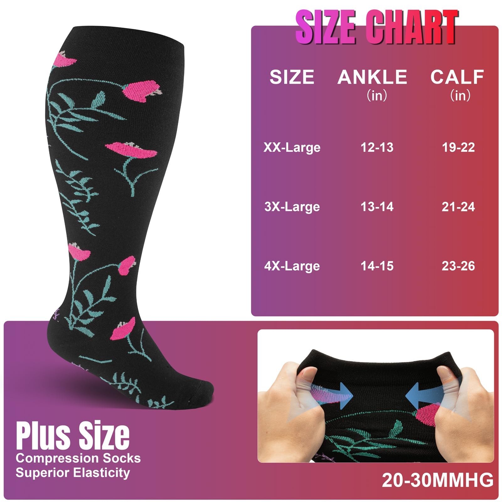 4 Pairs Plus Size Compression Socks Extra Wide Calf Women&Men 20-30mmHg Suppo…