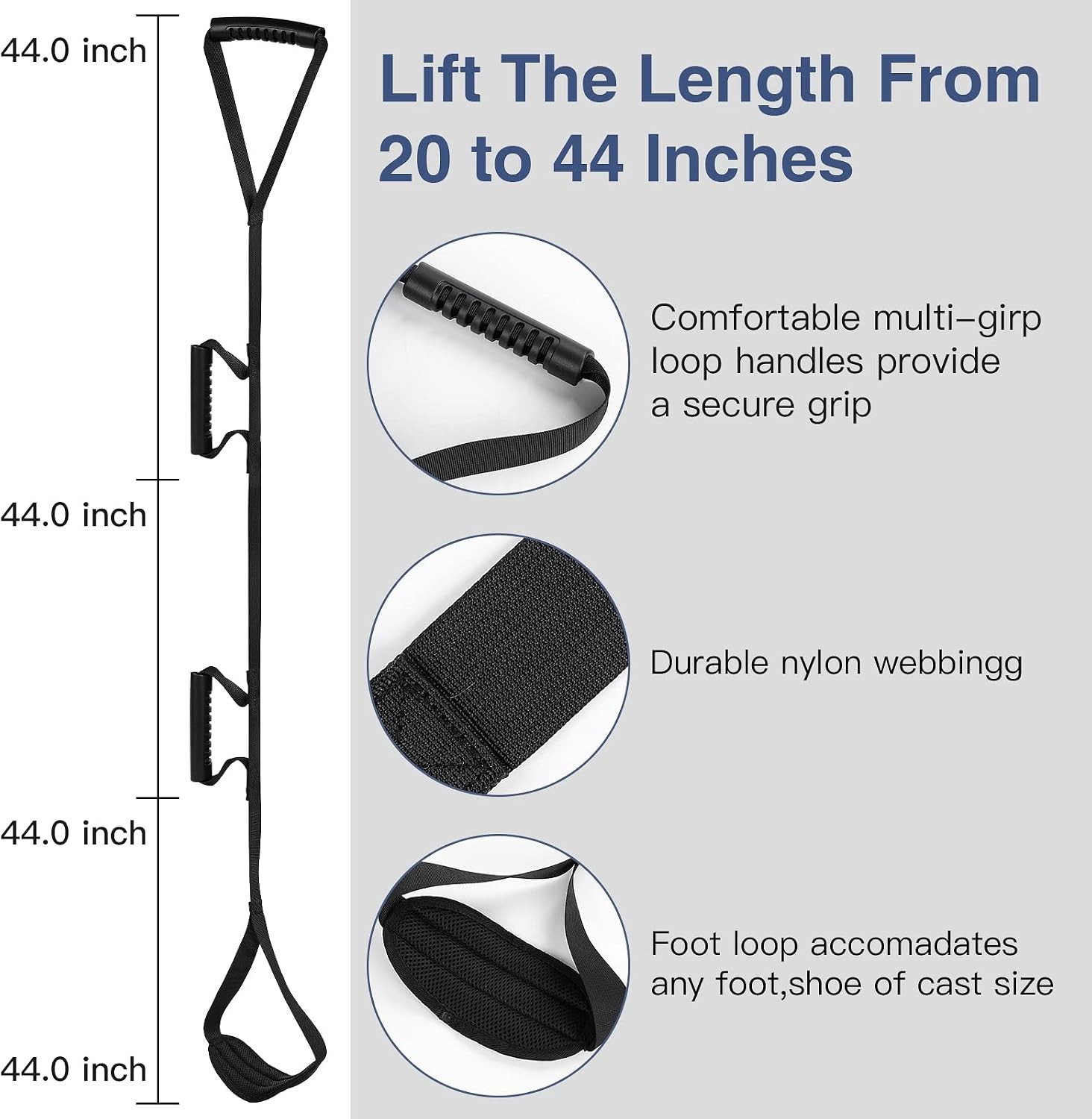 Multi-Loop Leg Lifter Strap 42 in Rigid Hand Strap Padded Foot Loop with 3 Hand