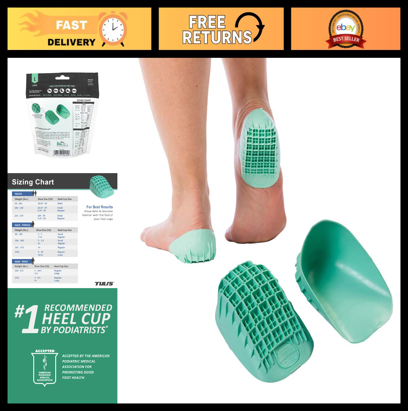 Heavy Duty Heel Cups for Sever’s Disease Relief – 2 Pairs, Green, Regular Fit