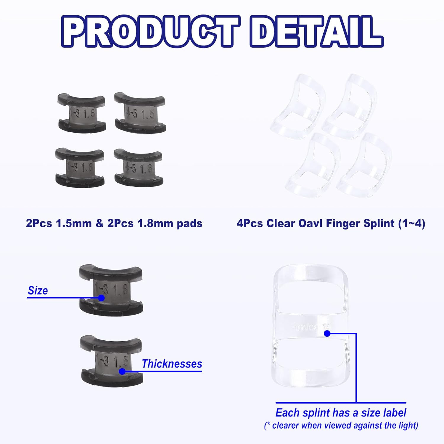 8Pcs Clear Oval Finger Splints & Click-Lock Adjustment Kit, 4 Graduated Finger R