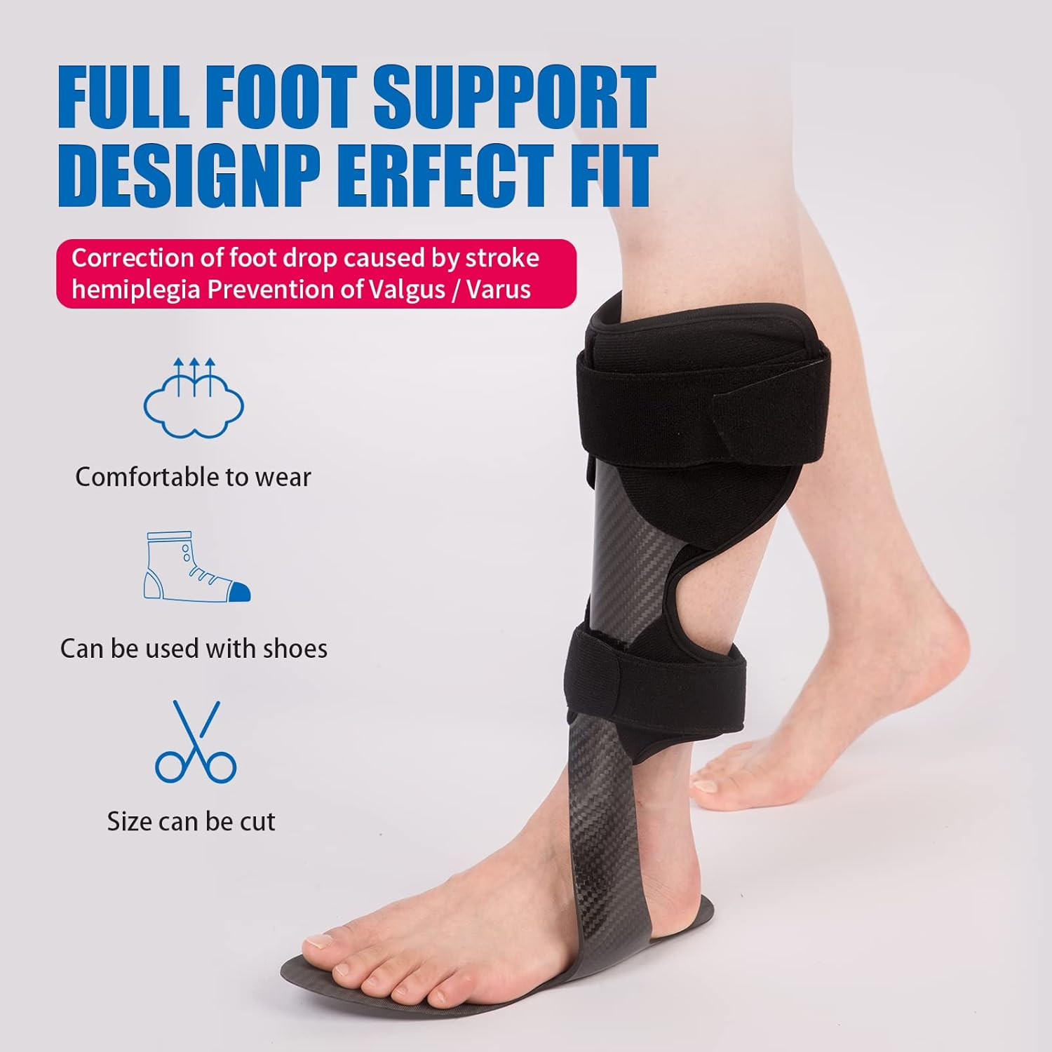 Lightweight Carbon Fiber AFO Brace for Drop Foot & Ankle Instability (Medium-Lef