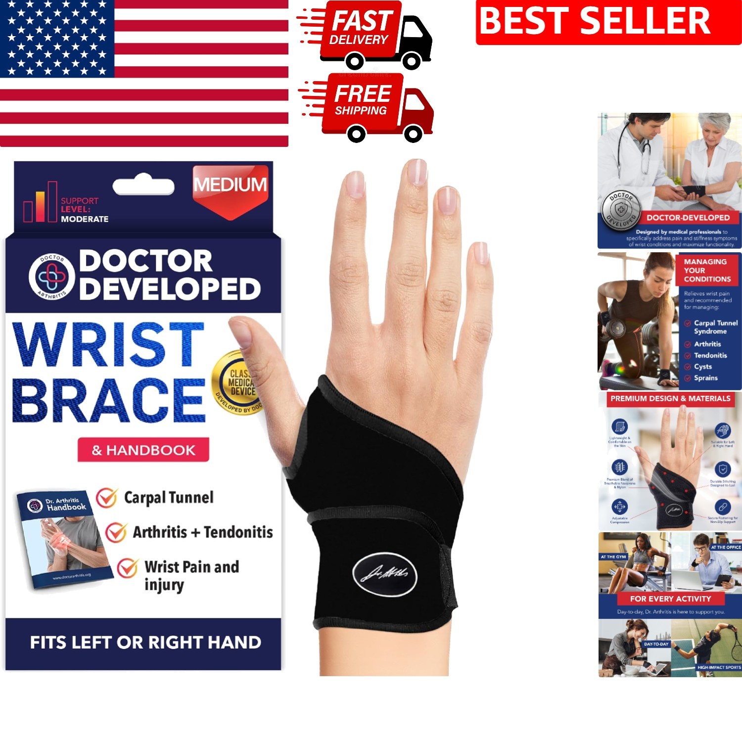 Doctor-Developed Adjustable Wrist Brace for Carpal Tunnel & Support