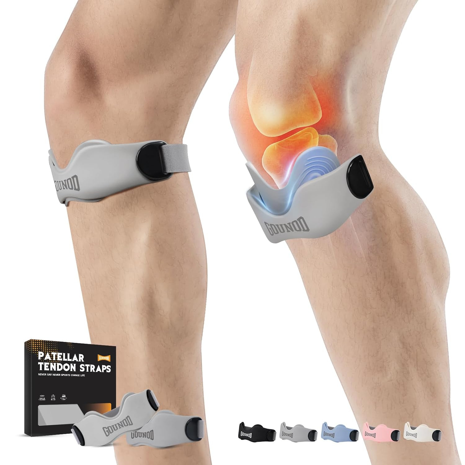 GOUNOD Patellar Tendon Support Strap 2 Pack,Silicone Knee Strap for Knee Pain Re