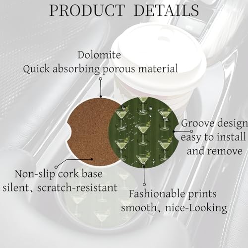Ceramic Car Cup Coasters 2PCS – | with Cork Back & Finger Slot, 2.56inch Mojito