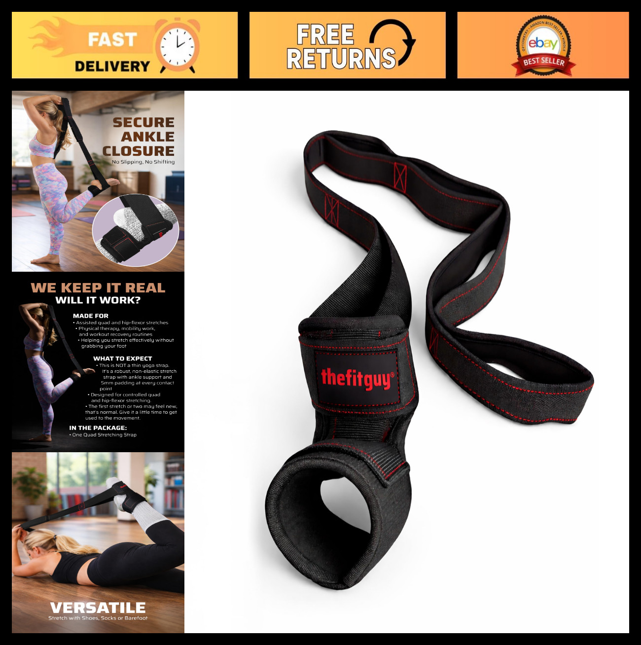 Quad Stretcher Strap with Ankle Support | 4-Loop Non-Elastic for Stretching, Yog