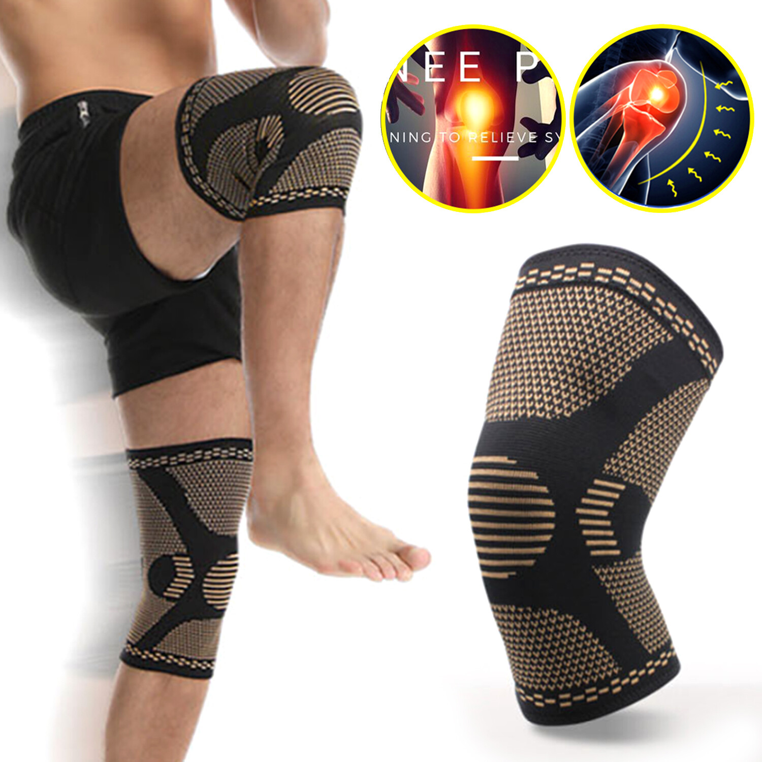 2 PCS Knee Sleeve Compression Brace Copper Support Sports Joint Pain Arthritis