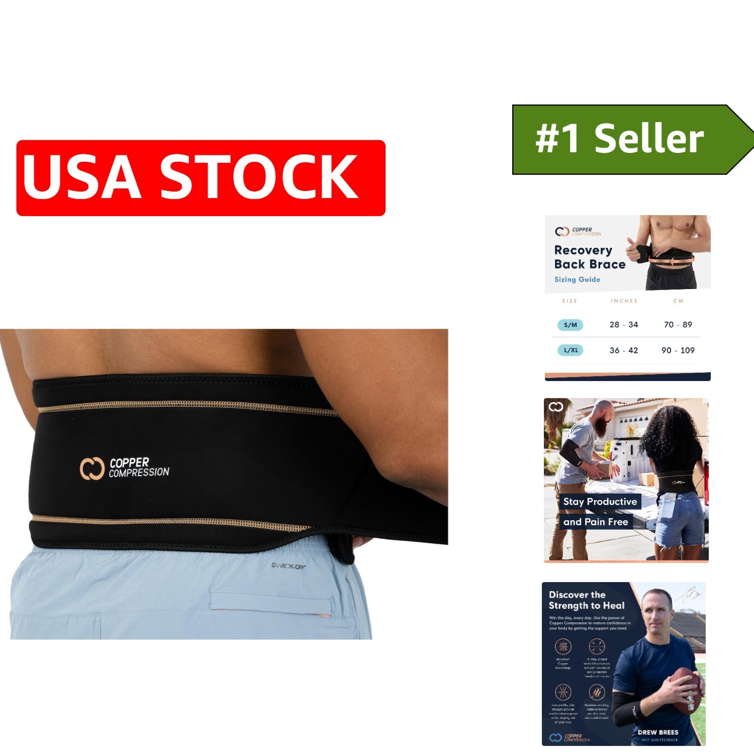 Copper Infused Adjustable Back Brace for Lumbar Support & Pain Relief – 28″-34″