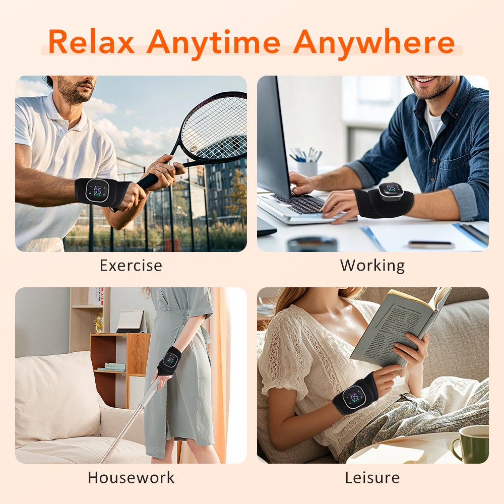 USB Rechargeable Heated Wrist Brace Wrap Hand Massager Vibration for Pain Relief