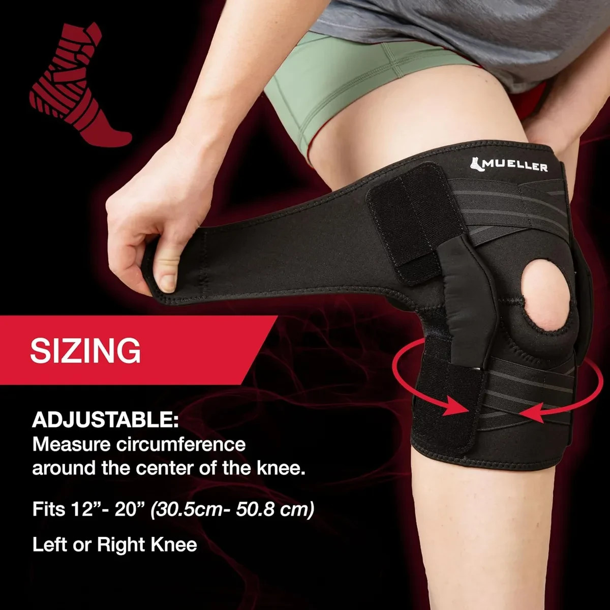 Hinged Knee Brace, Mueller, Self-Adjusting, Unisex, One size, Black New