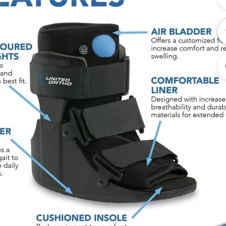 United Ortho Walking Boot Black Air Bladder Cushioned Insole Contoured Uprights