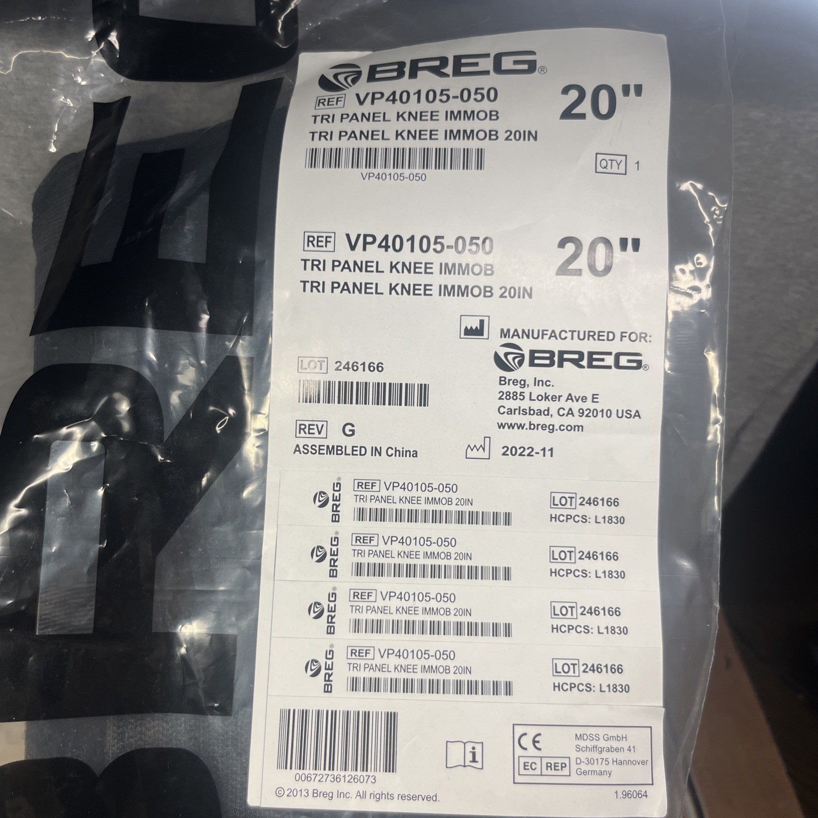 NEW BREG TrI Panel Knee Immobilizer 20” VP40105-050 NEW FREE SHIPPING