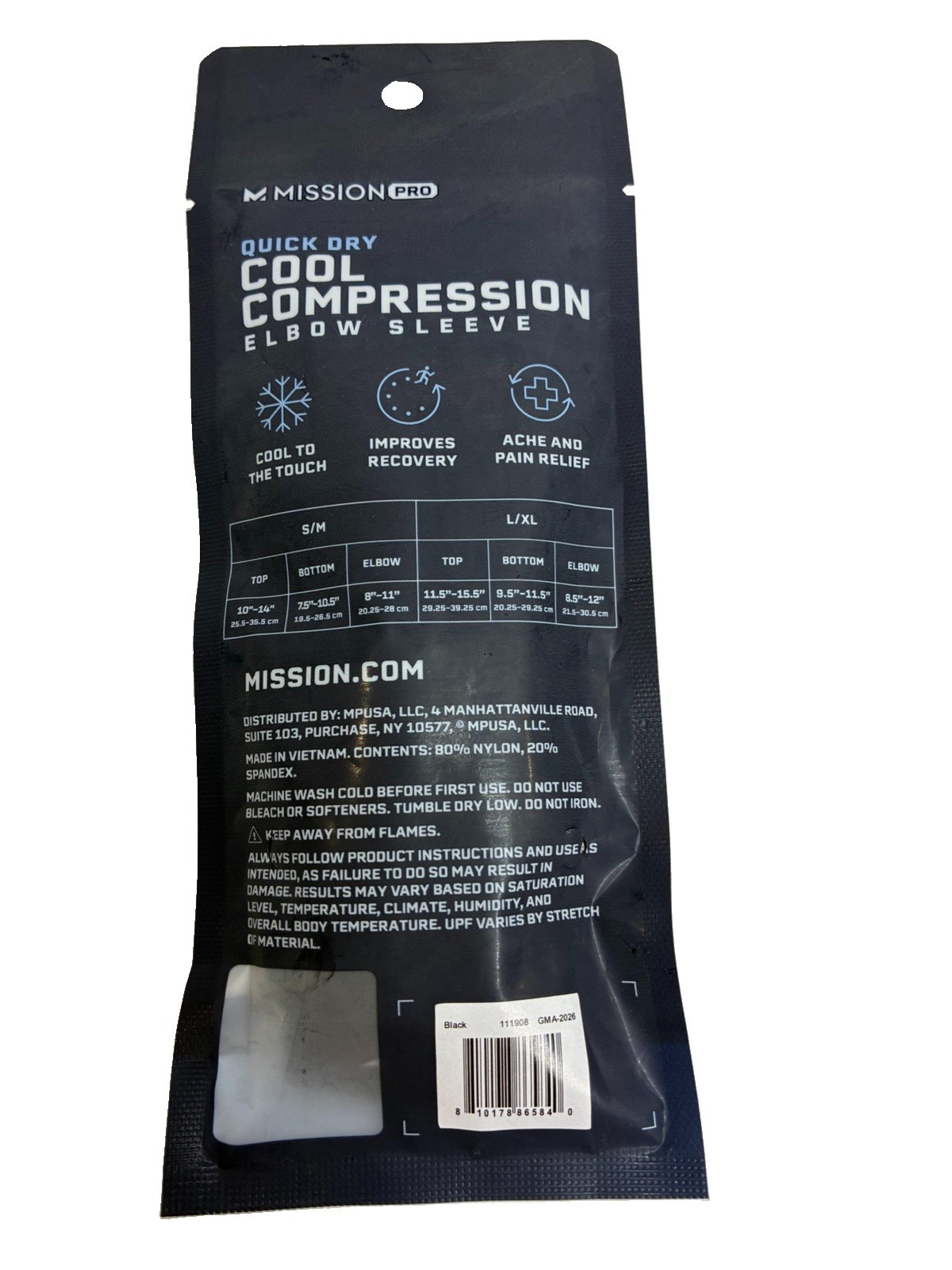 Mission Pro Quick Dry Cooling Compression Elbow Sleeve, Black, Size S/M