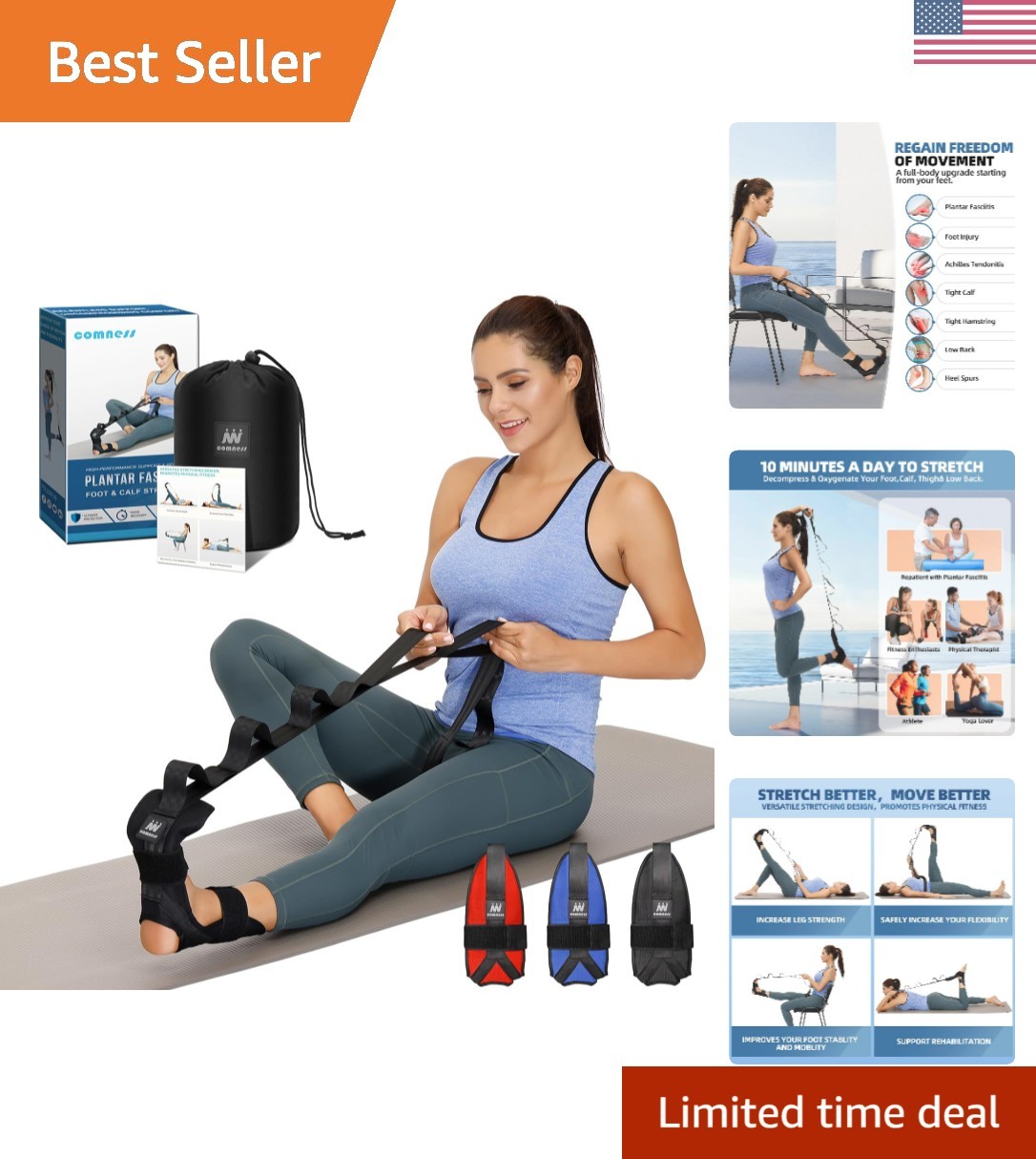 Foot and Calf Stretcher-Stretching Strap For Plantar Fasciitis, Heel Spurs, F…