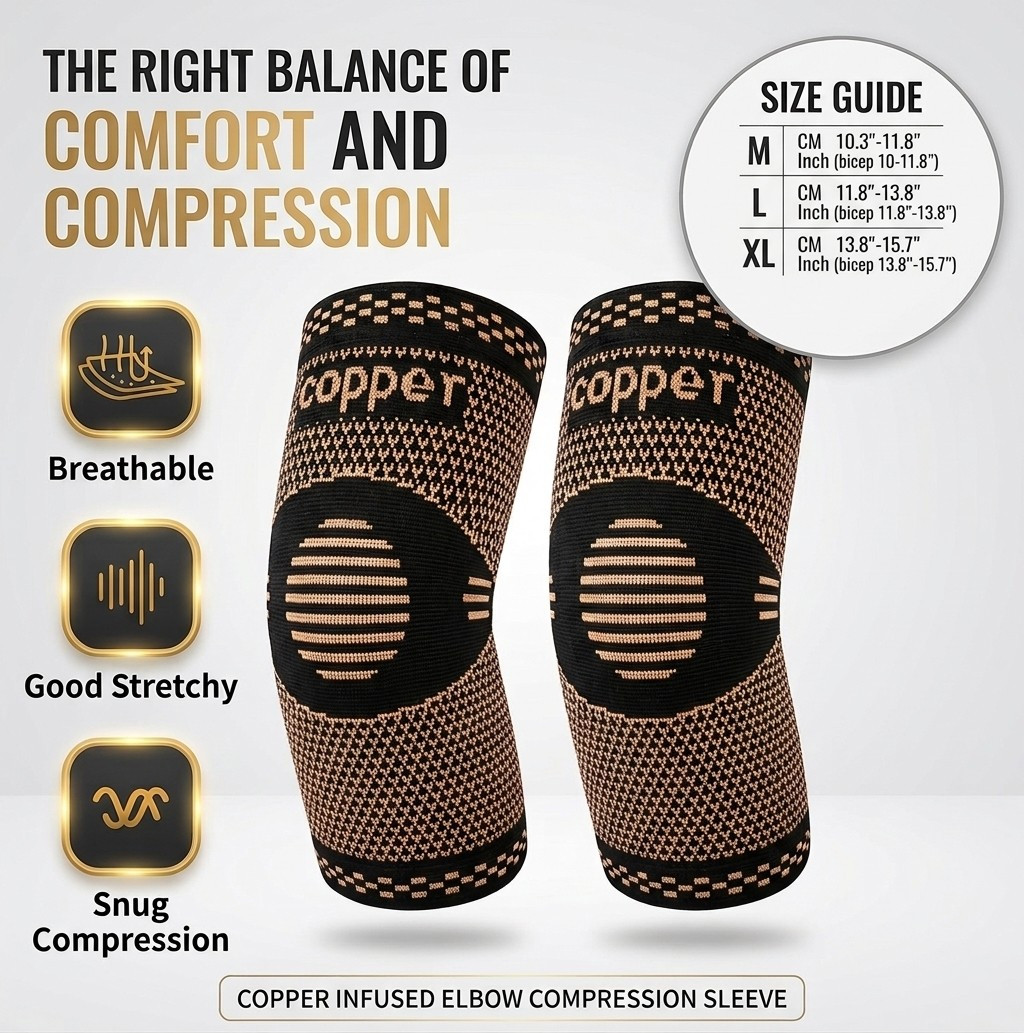 Copper Compression Elbow Brace Sleeve for Arthritis, Tendonitis & Joint Pain Rlf