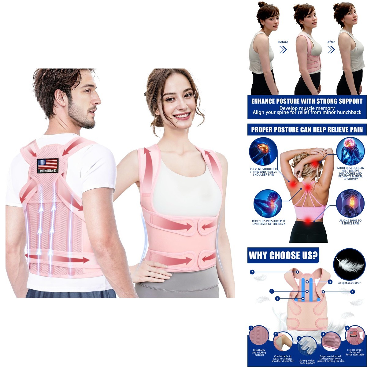 Posture Corrector Adjustable Back Brace Pink Large