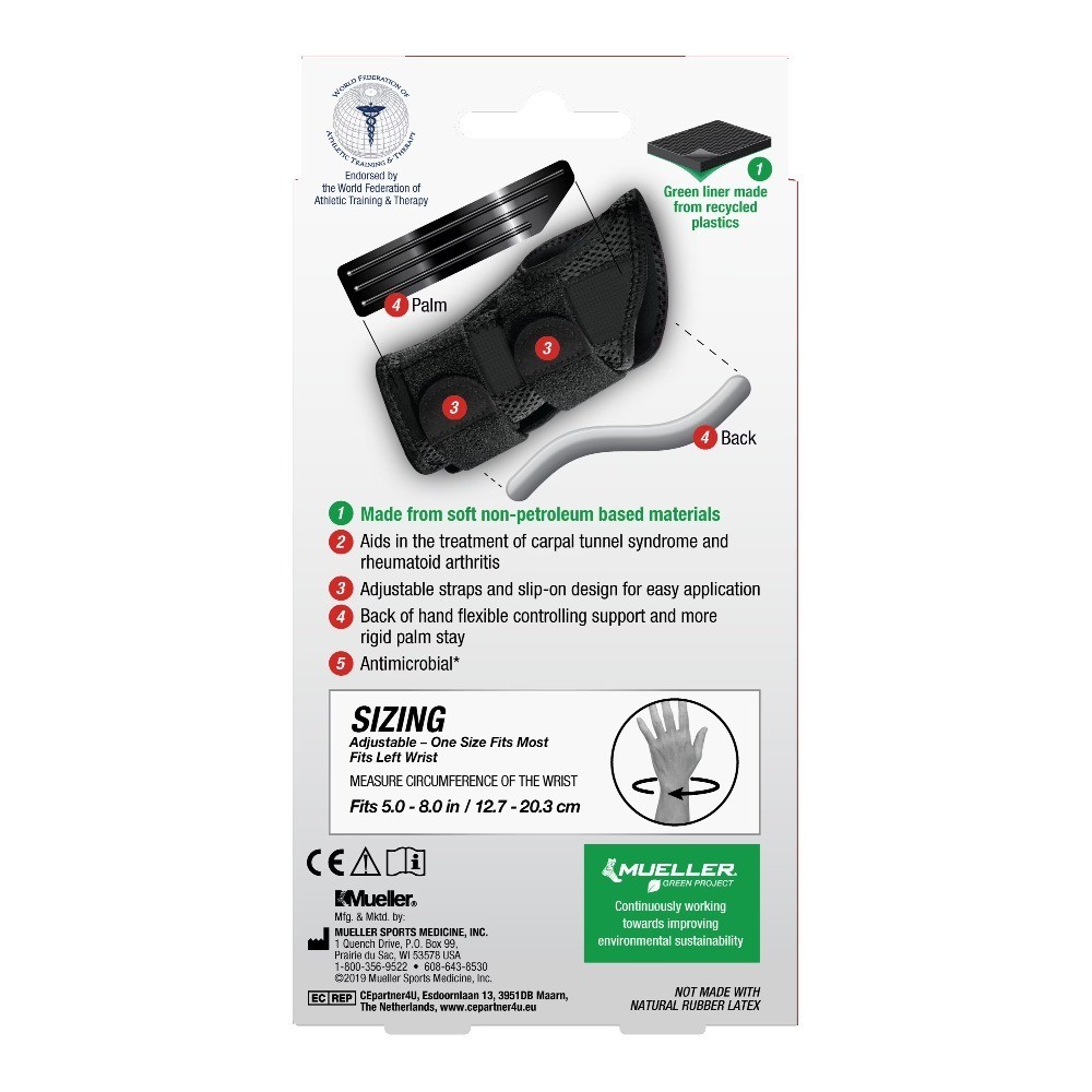 Green Fitted Wrist Brace Left Hand Unisex One Size Fits Most Black