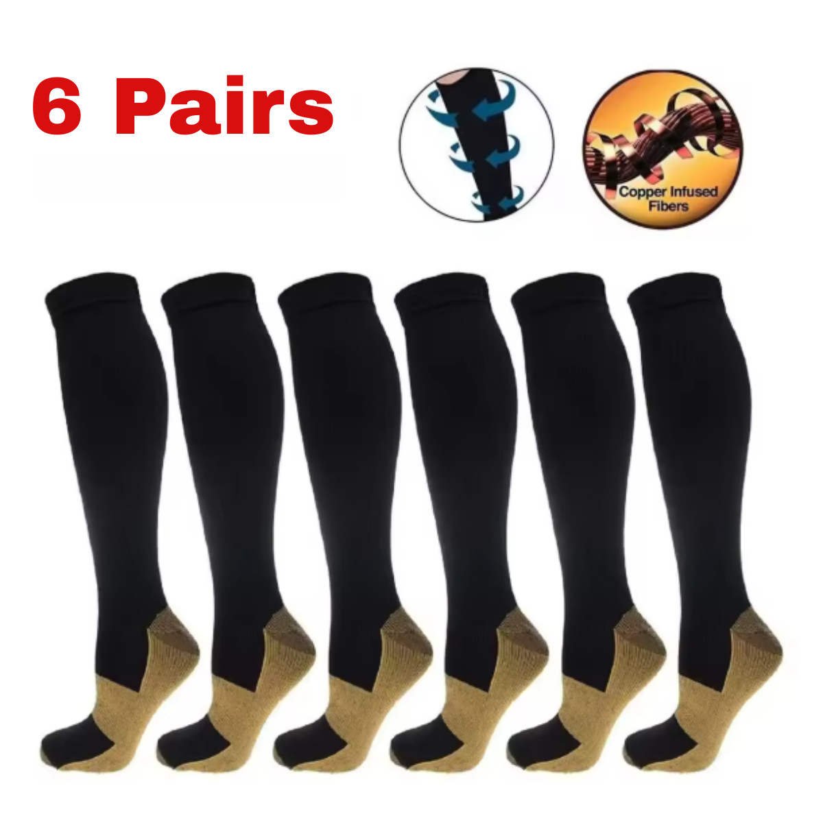 6 Pairs Copper Compression Socks 20-30mmHg Graduated Support Mens Womens S-XXL
