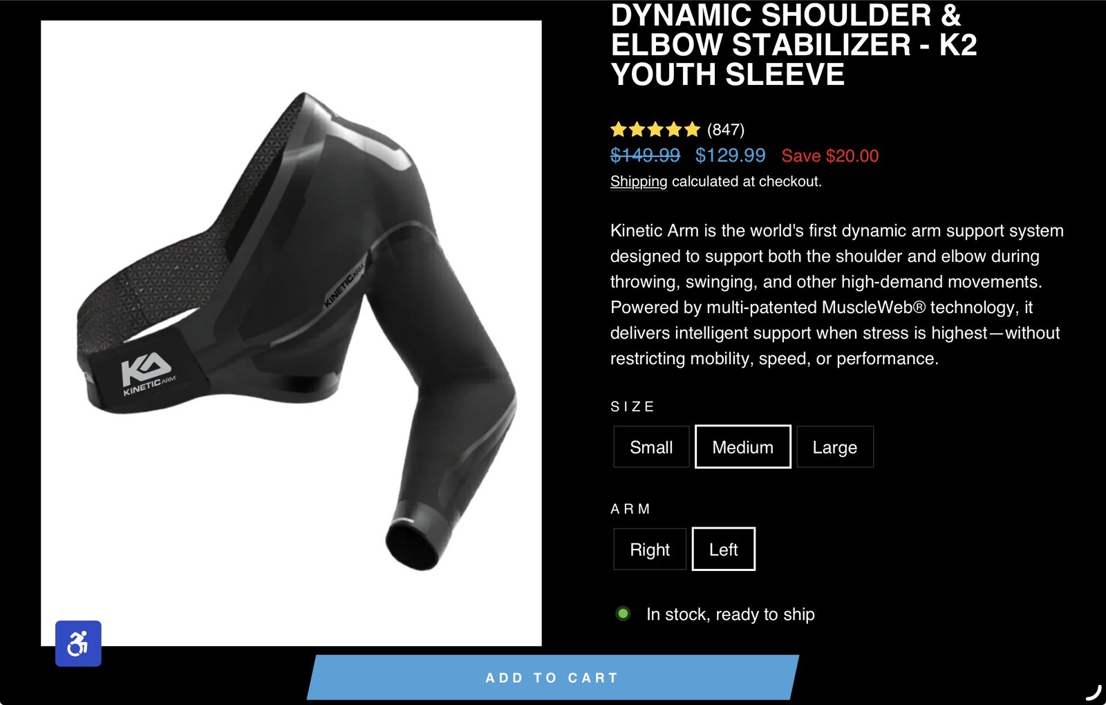KINETIC ARM K2 Youth Sleeve Shoulder/Elbow/Arm Stabilizer, Black (Medium/Left)