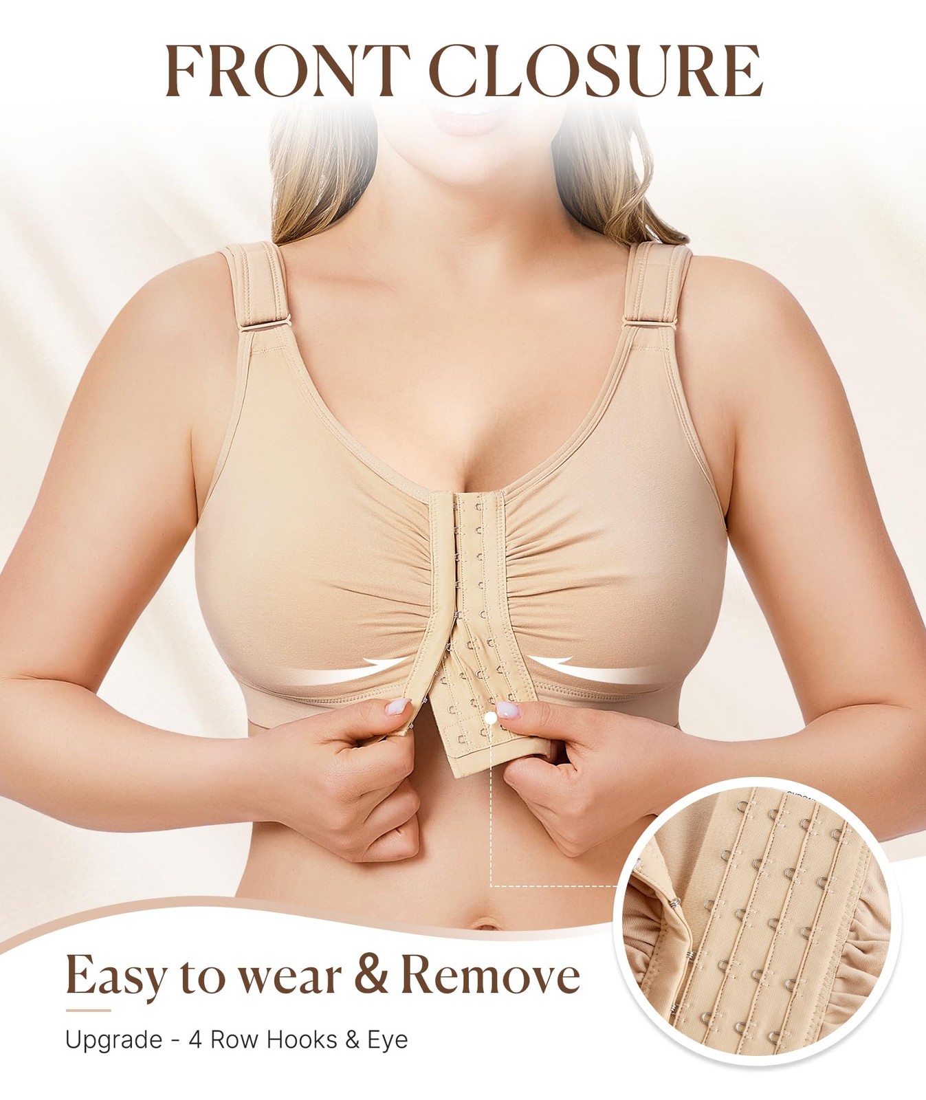 Post Surgery Front Closure Mastectomy Bra, Wireless, Beige, XXLarge