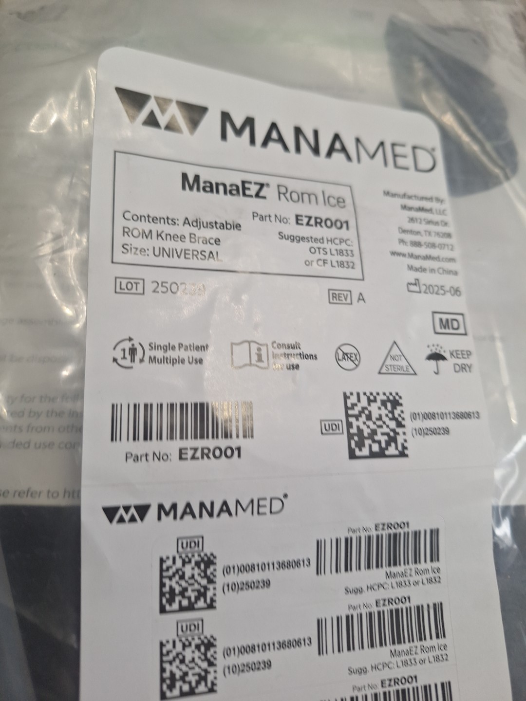 KNEE BRACE ADJUSTABLE MANAMED EZ ROM Gel Ice Compression Ice Packs EZR001 NEW J9