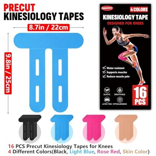 16 PCS Kinesiology Tape for Knees, 4 Colors Knee Support Tape, Precut Knee Tape
