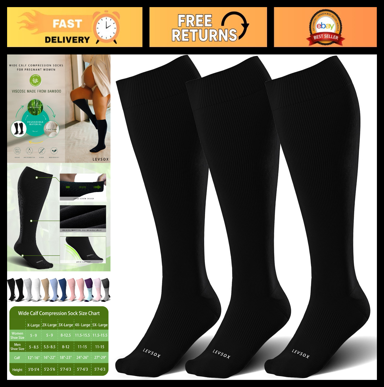 Wide Calf Compression Socks 15-20mmHg Knee High Support Stockings for Circulatio