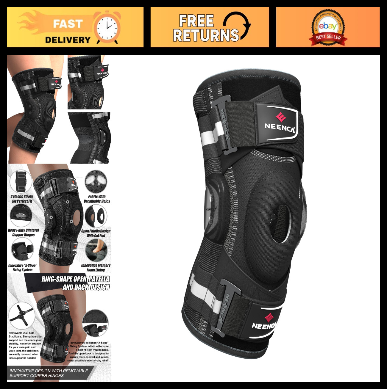 Professional Knee Brace for Pain Relief, Hinged Support with X-Strap, Arthritis,