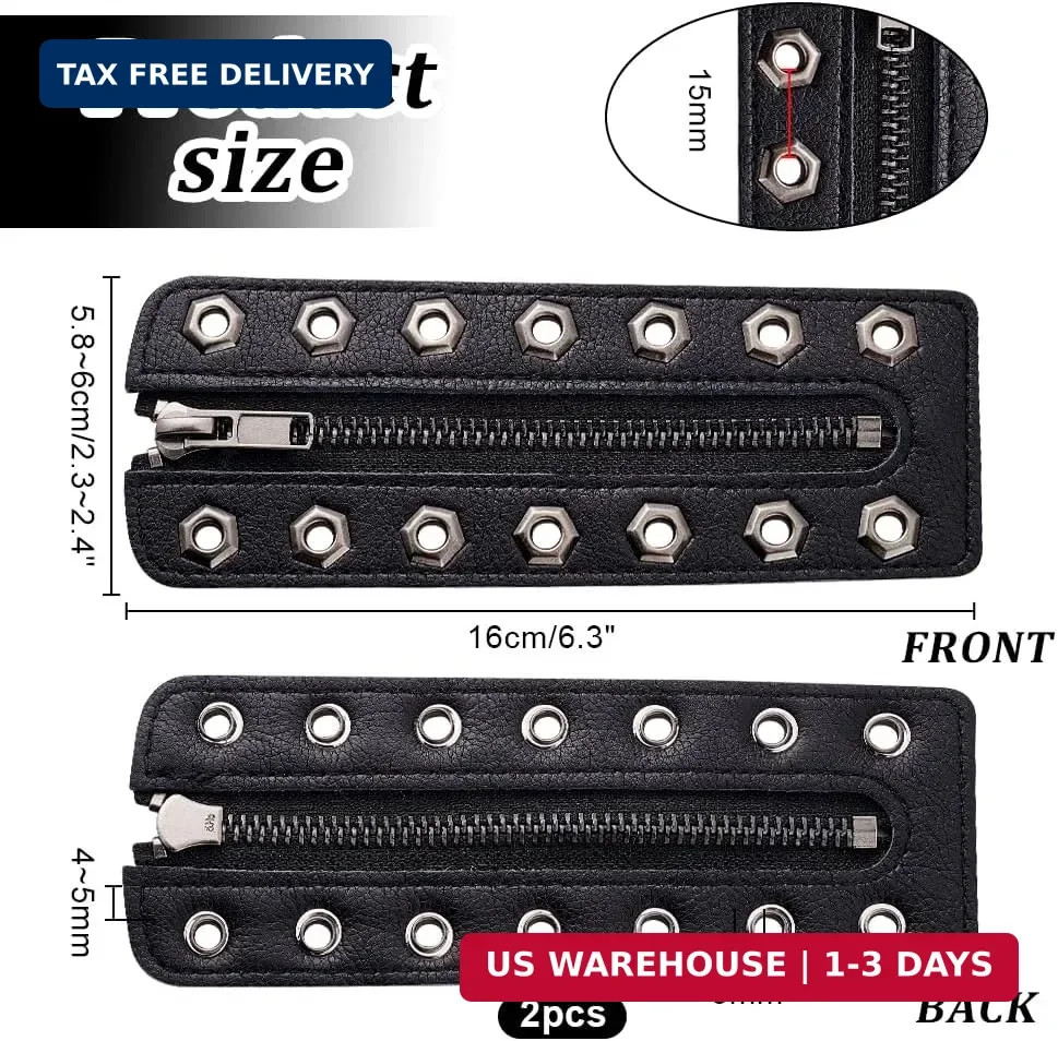 2pcs Leather Lace-in Boot Zipper Inserts, 6.3 x 2.2 Inch Black Cowhide Tieless S