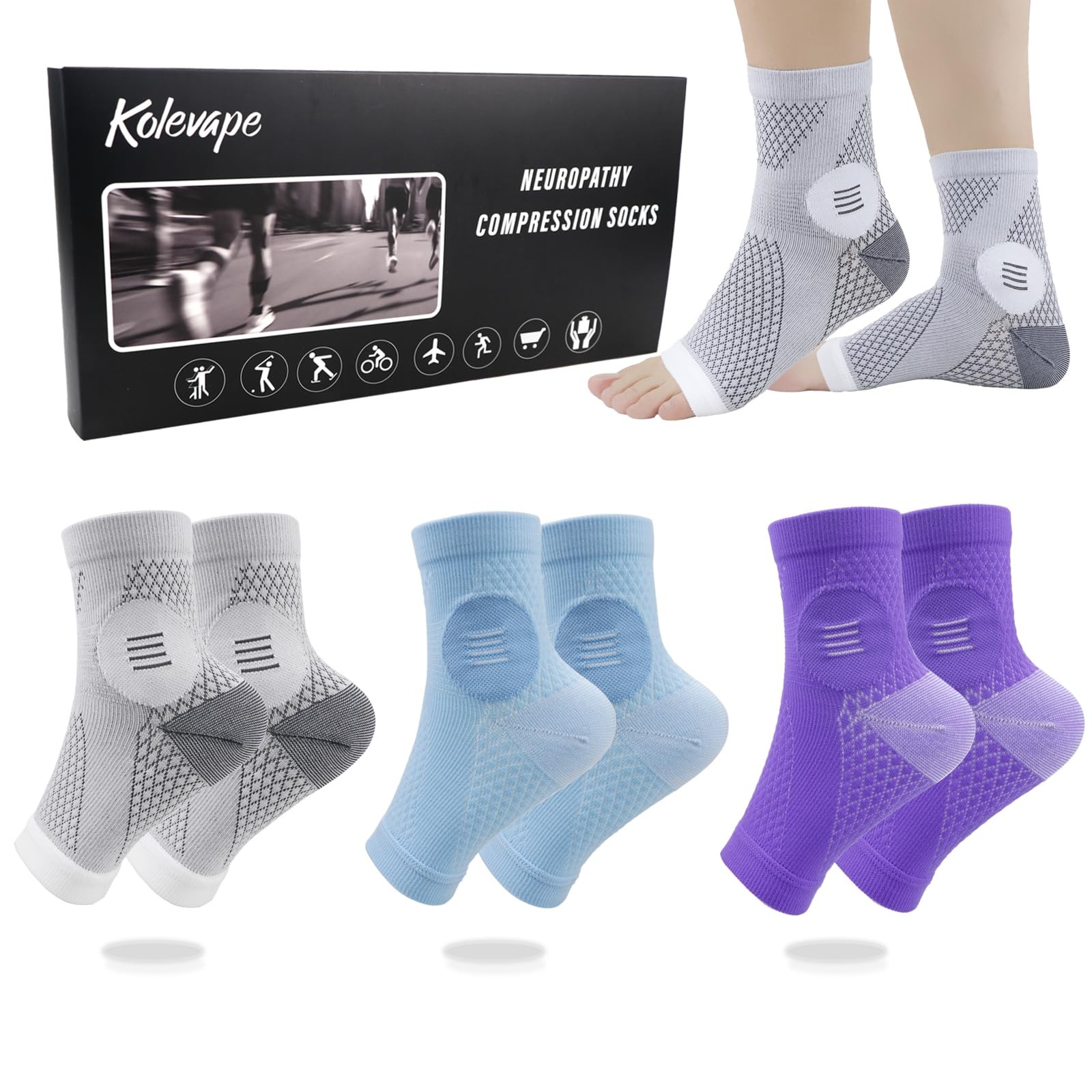Neuropathy Socks 3 Pairs Open Toe Compression Foot Arch Ankle Support Pain Relie