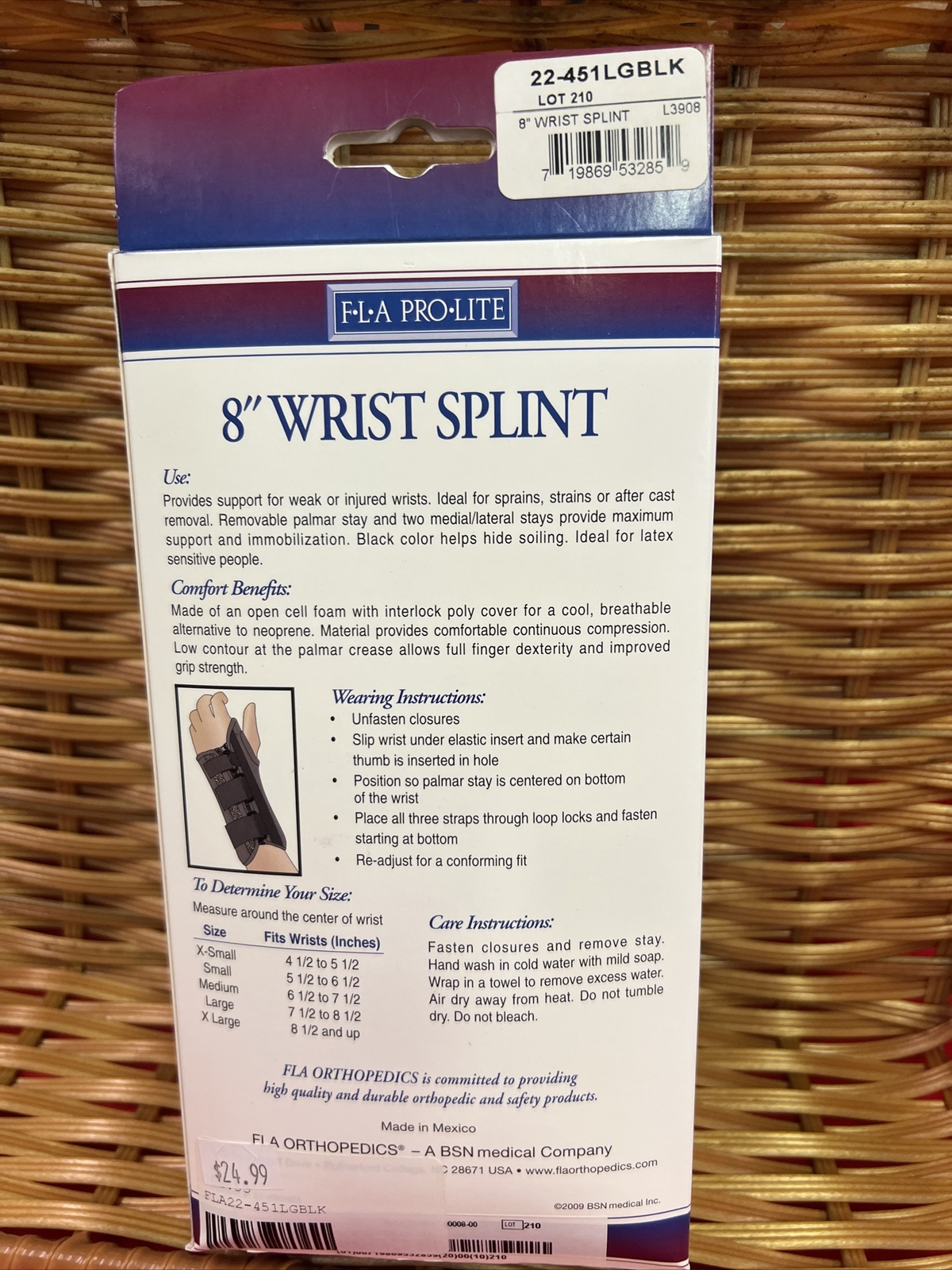 FLA Pro Lite 8” Wrist Splint Size Large Left Hand Black New In Box