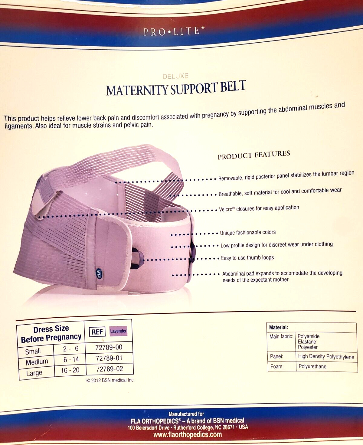 FLA Pro-Lite Deluxe Maternity Support Belt Lavender Small NEW