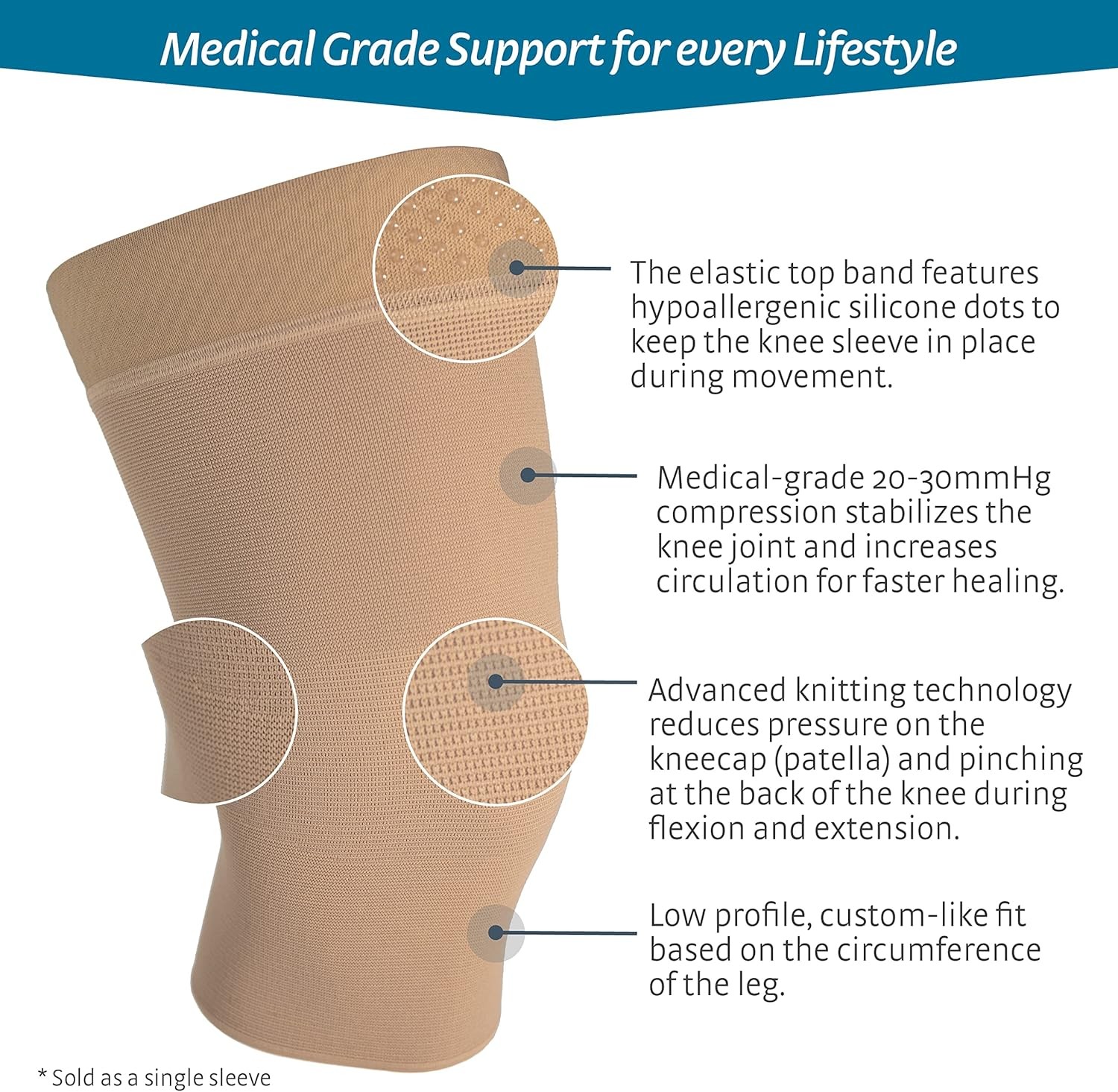 Mediven Seamless Knit Knee Support Silicone Top Band (Beige) Large 60204