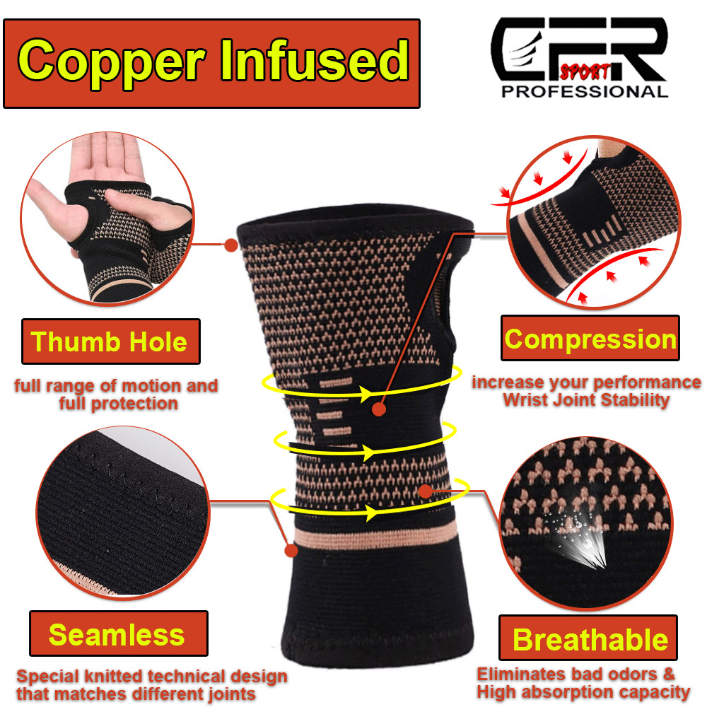 Copper Wrist Support Brace Compression Arthritis Sport Carpal Tunnel Hand Pain D
