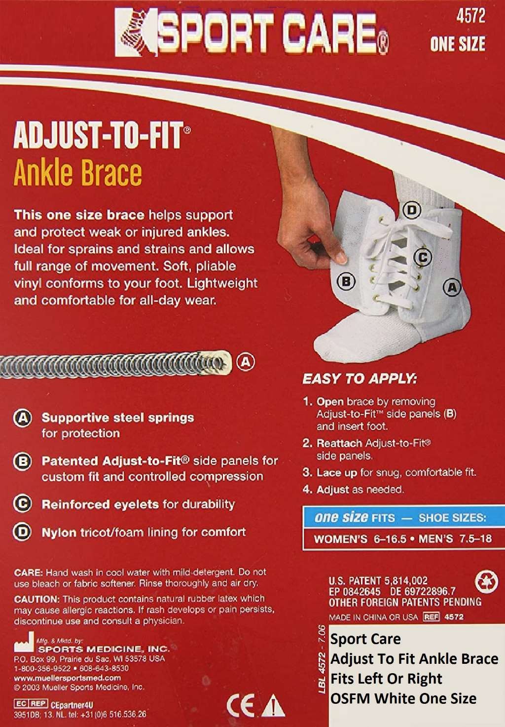 MLR Sport Care Adjust To Fit Ankle Brace Fits Left Or Right OSFM White One Size
