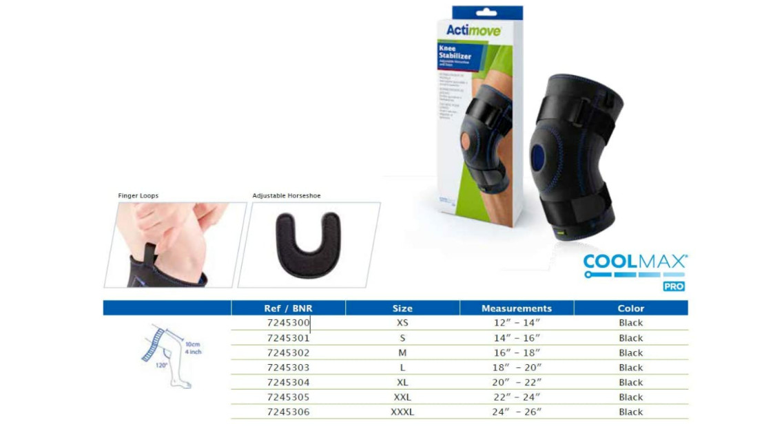Actimove Sz XL Knee Stabilizer Adjustable Horseshoe & Stays – Black W/ CoolMax