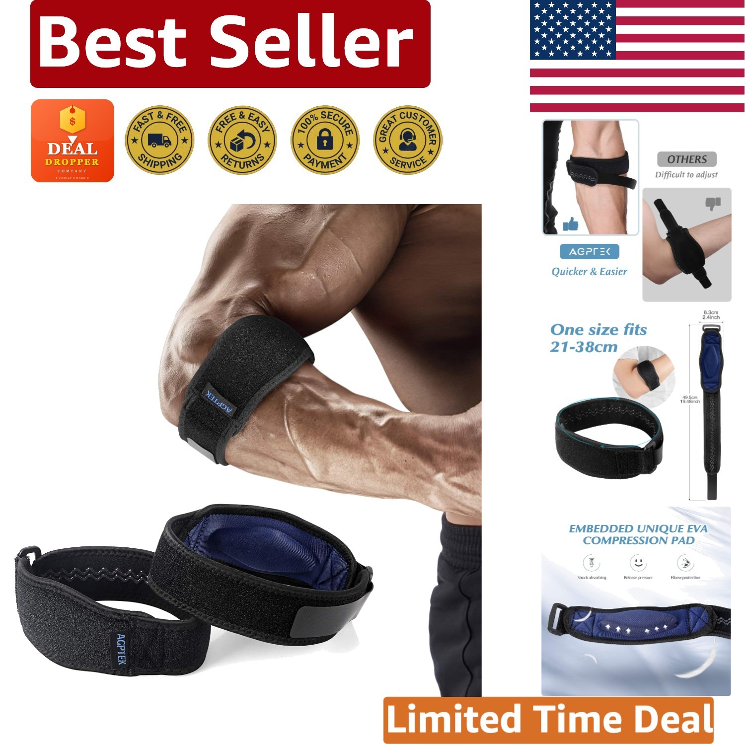 Adjustable Compression Elbow Brace – 2-Pack for Tendonitis & Sports Support