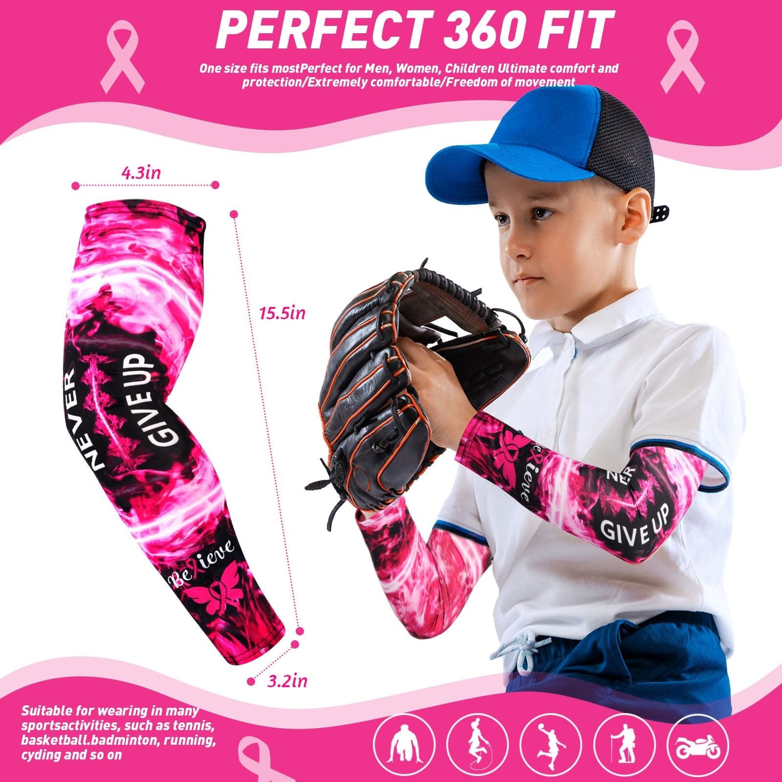 Pink Ribbon Breast Cancer Awareness Arm Sleeve – Compression Fit, No Slip, Sport