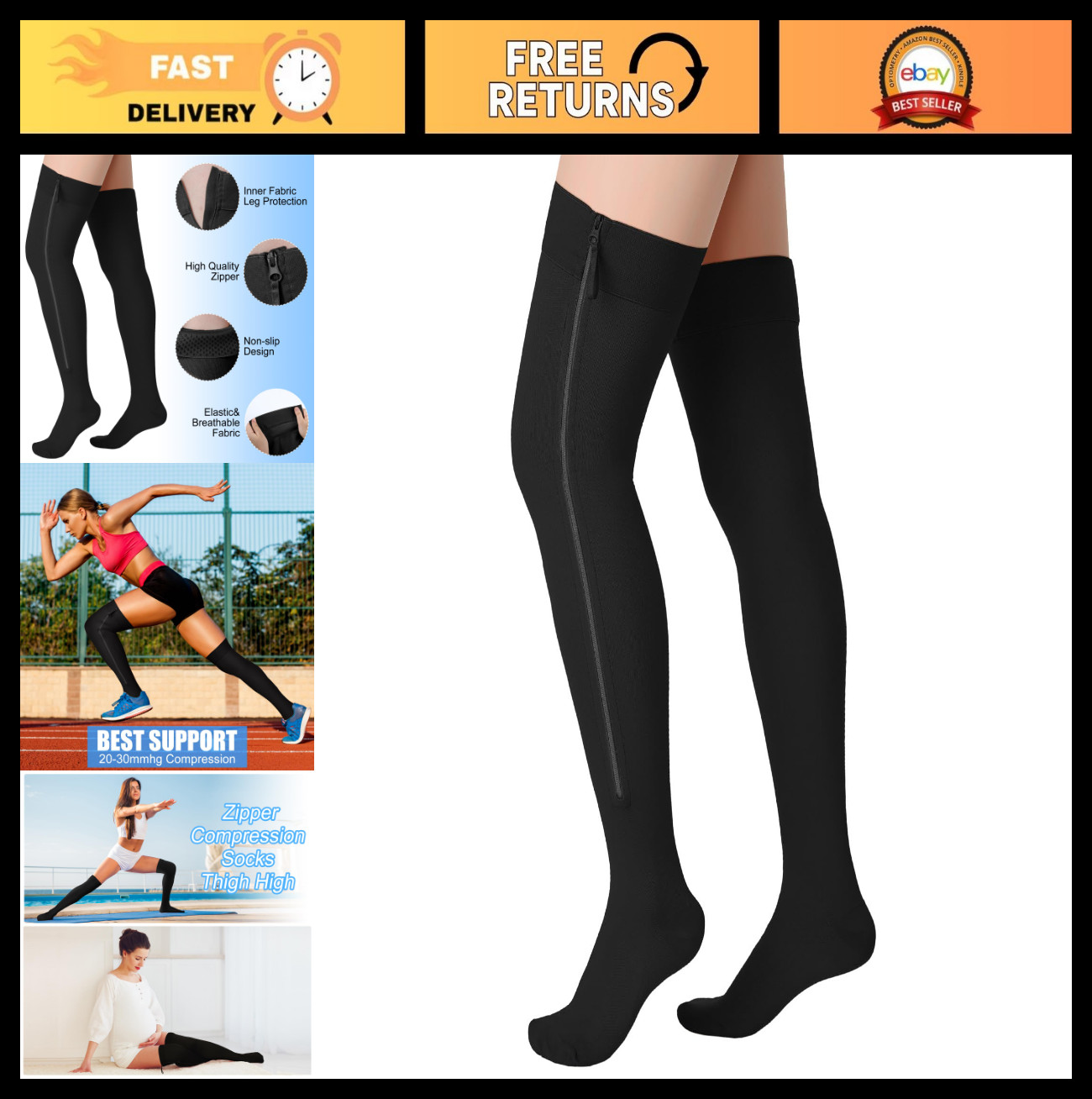 Thigh High Compression Socks 20-30 mmHg Zippered Stockings for Swelling & Edema