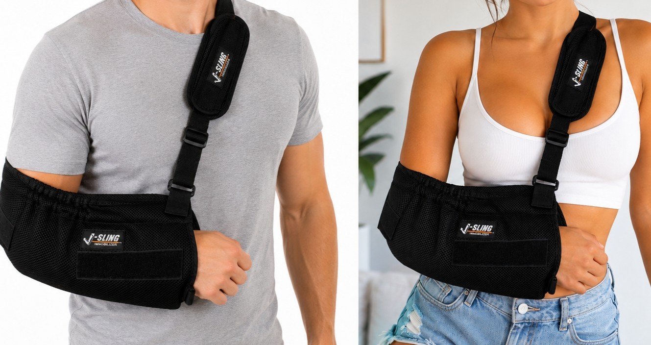 J-Sling Arm Sling Immobilizer Shoulder Support Adjustable Padded Black NEW
