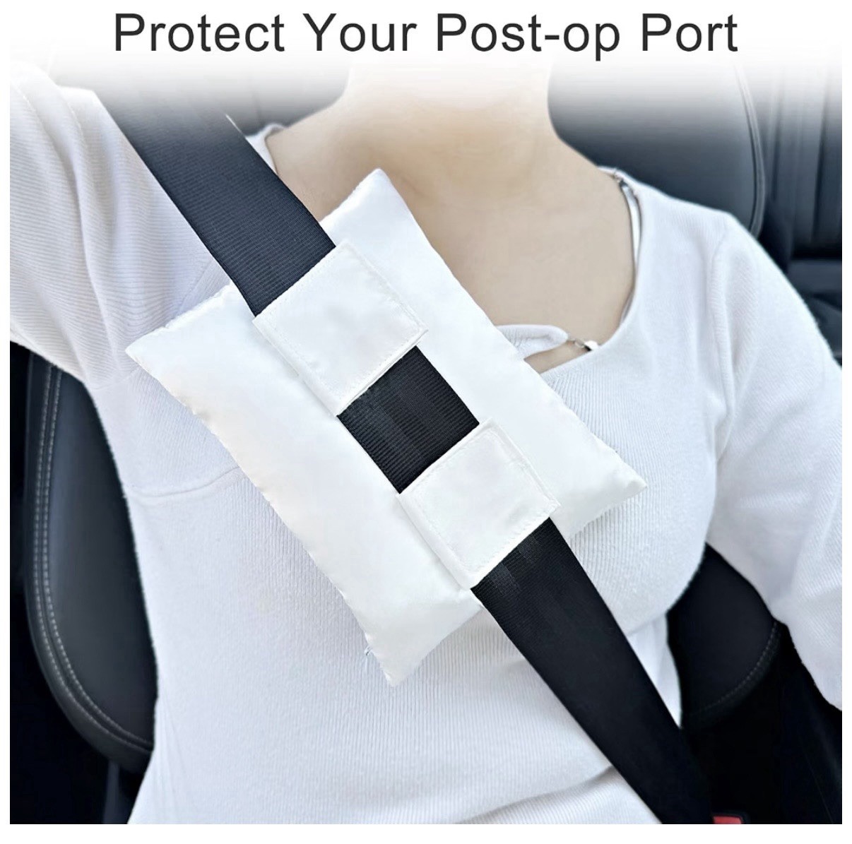Post Mastectomy Seat Belt Pillow with Port Protector & Clip – Adjustable White