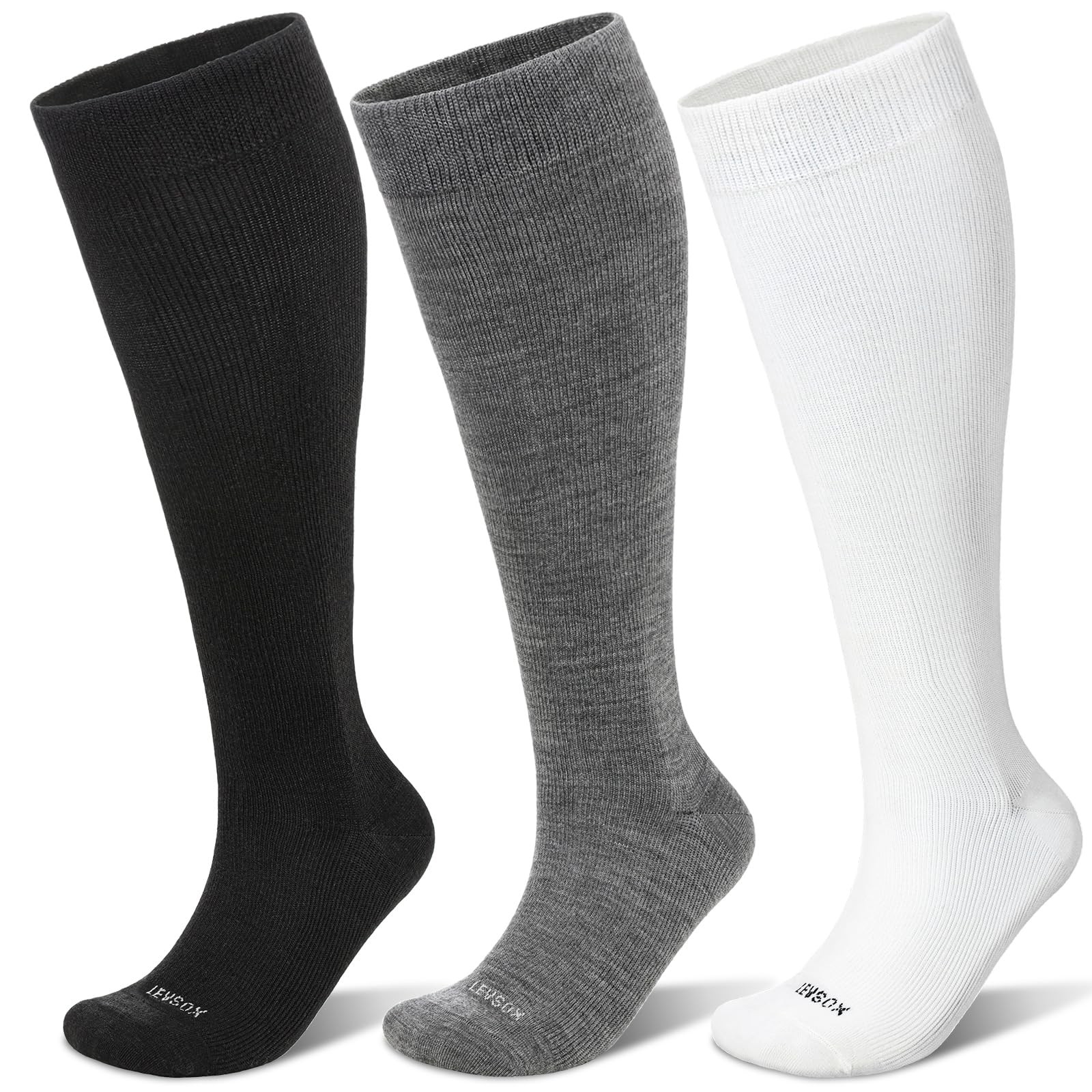 LEVSOX Merino Wool Compression Socks Medium-Large, 3 Pairs-Black/White/Grey