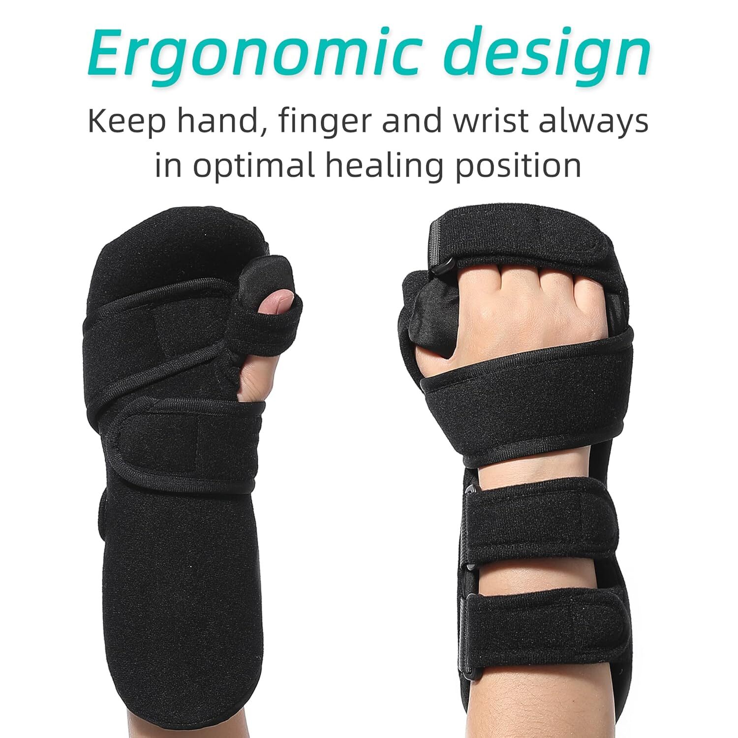 Stroke hand splint for night use, stabilizes fingers/wrist, aids rehab and pain.