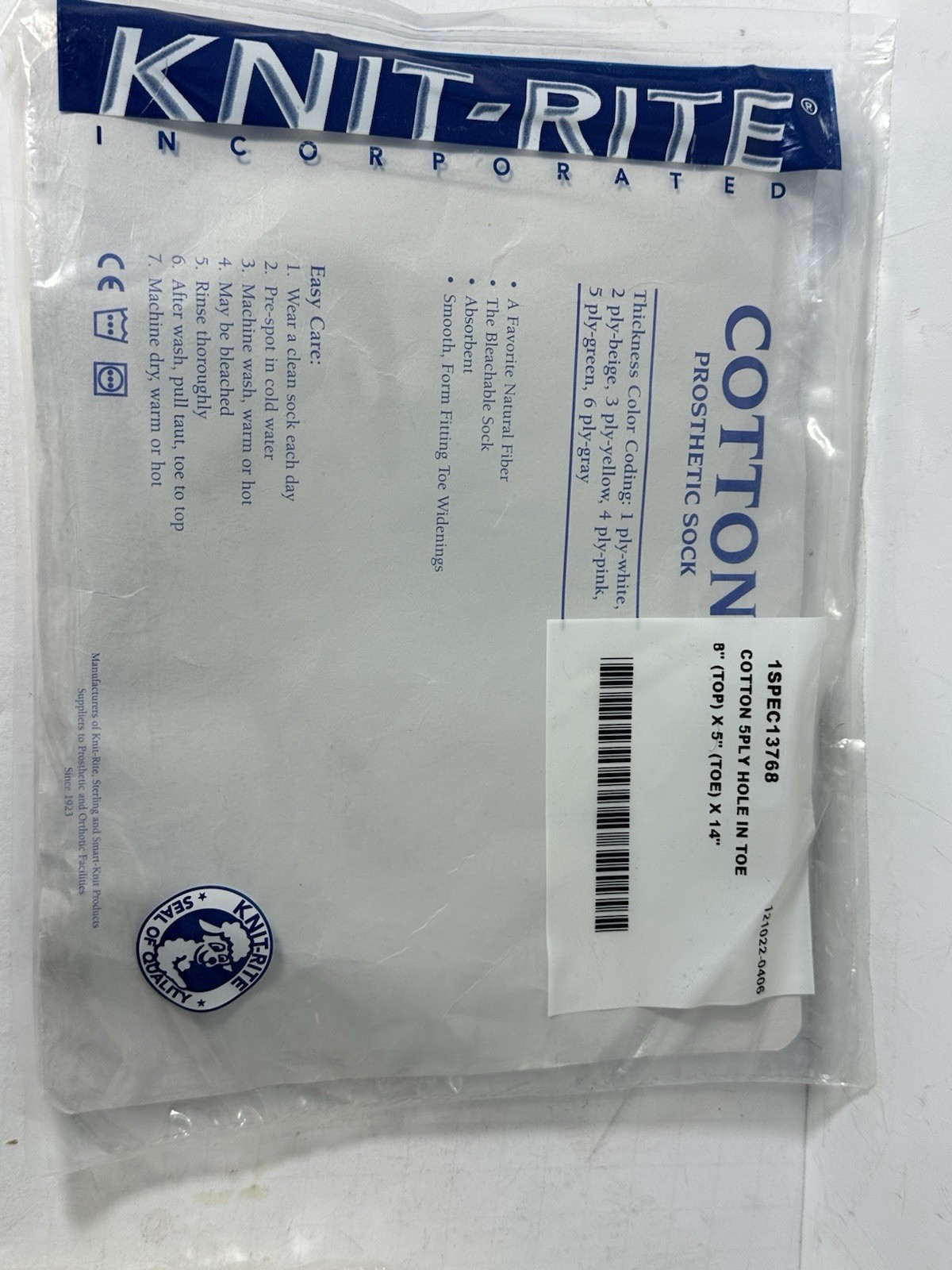 Knit-Rite Prosthetic Cotton 5 PLY Hole In Toe 1SPEC13768 8″ top x 5″ toe x 14″